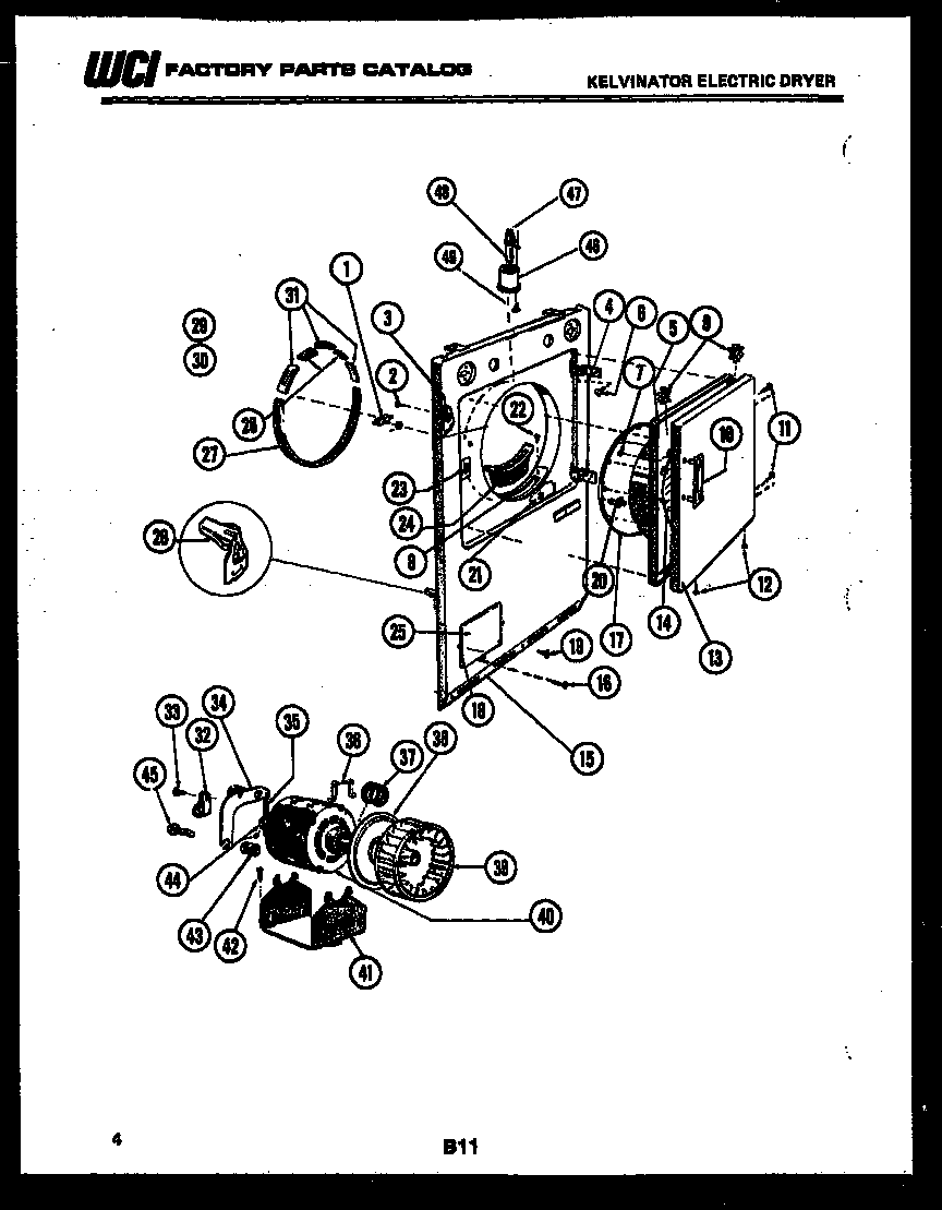 Kelvinator DES100CW1 cabinet front, motor and blower diagram