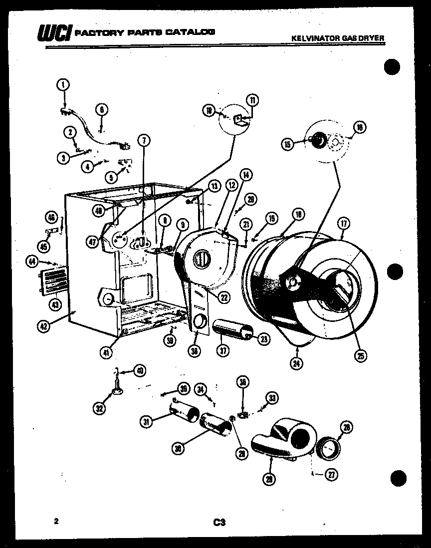 Kelvinator DGS100CW1 cabinet, drum and blower housing diagram