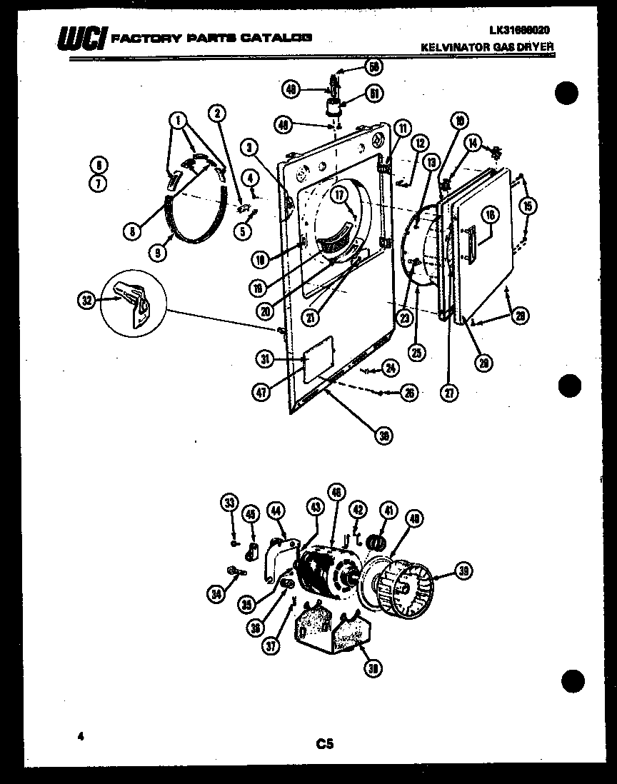 Kelvinator DGS100CW1 cabinet front, motor and blower diagram
