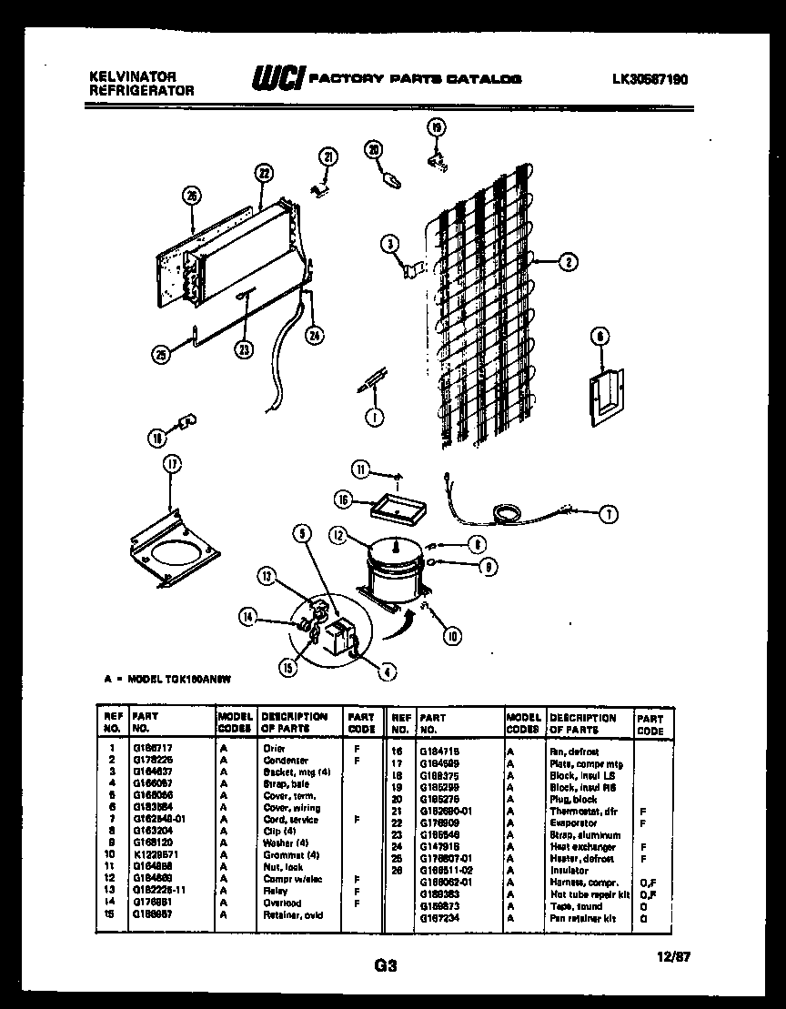 Kelvinator TGK160AN6V system and automatic defrost parts diagram