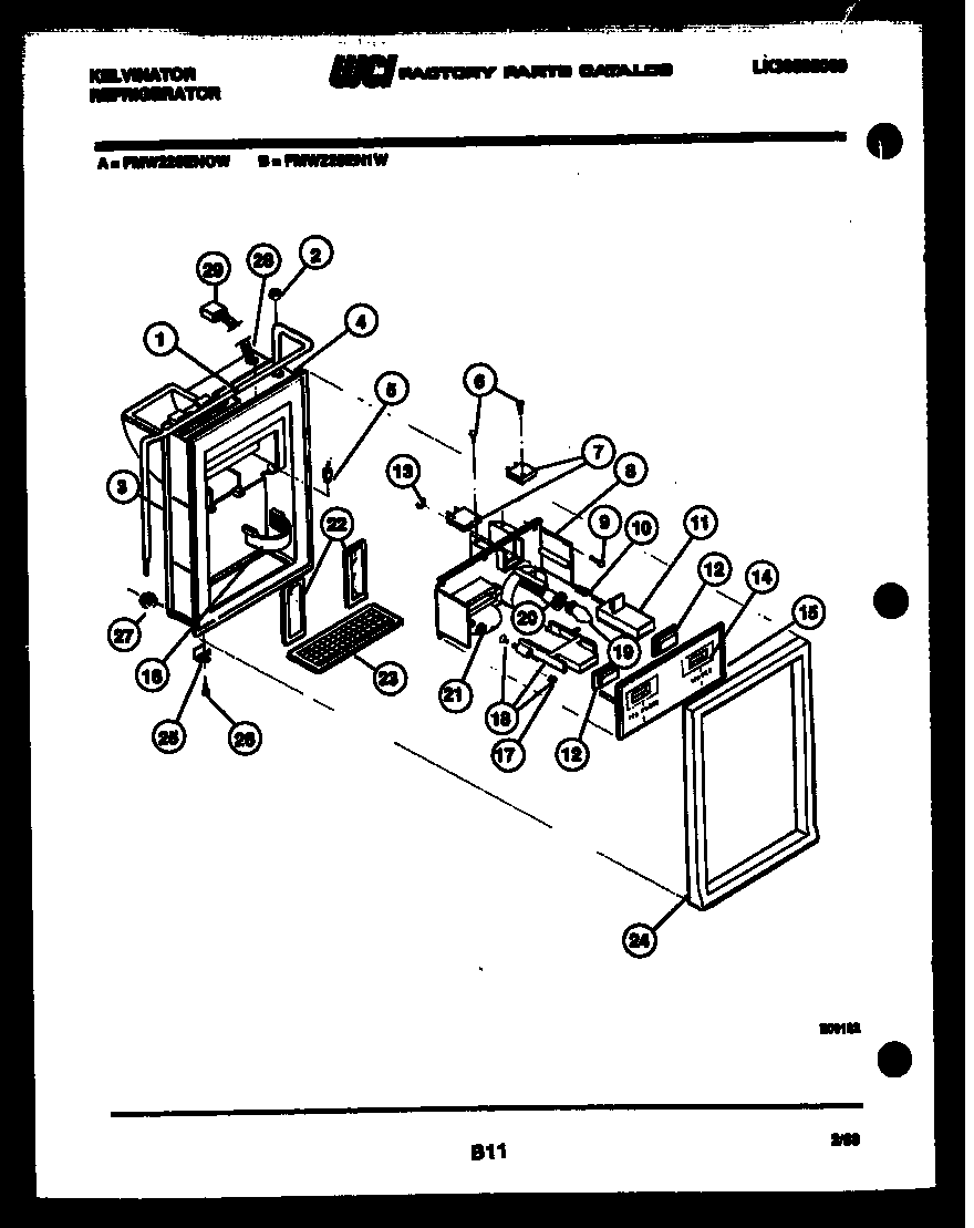 Kelvinator FMW220EN1V ice door, dispenser, and water tanks diagram