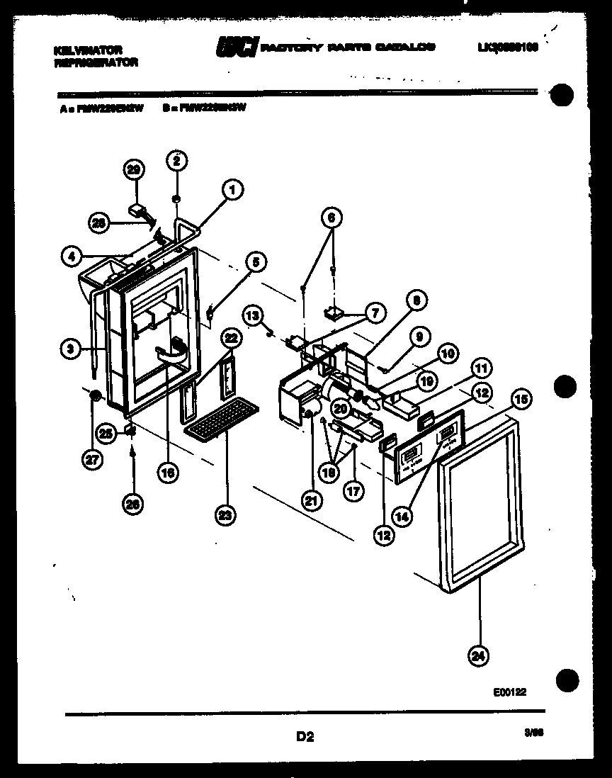 Kelvinator FMW220EN3T ice door, dispenser, and water tanks diagram