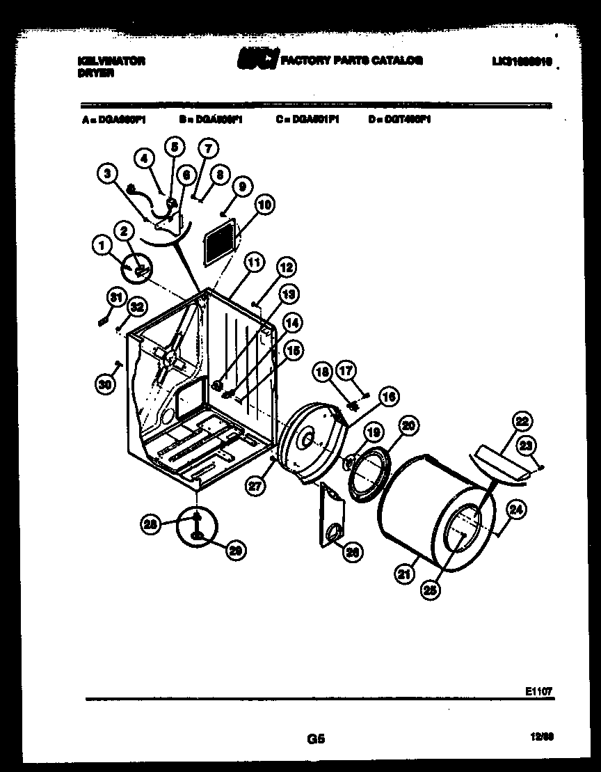 Kelvinator DGA500F1T cabinet, drum and blower housing diagram