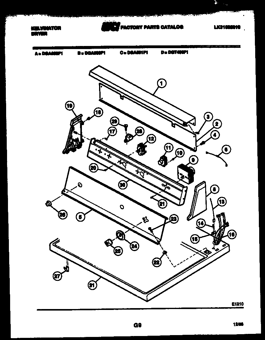 Kelvinator DGA500F1T console and control parts diagram