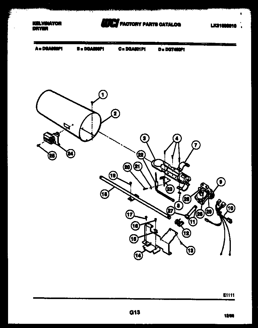 Kelvinator DGA500F1T element and housing parts diagram