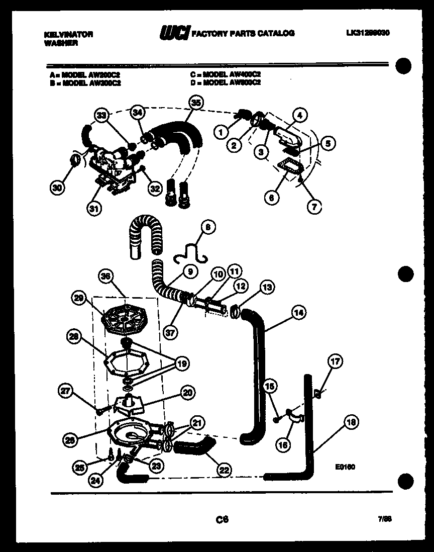Kelvinator AW400C2W drain, recirculate parts diagram