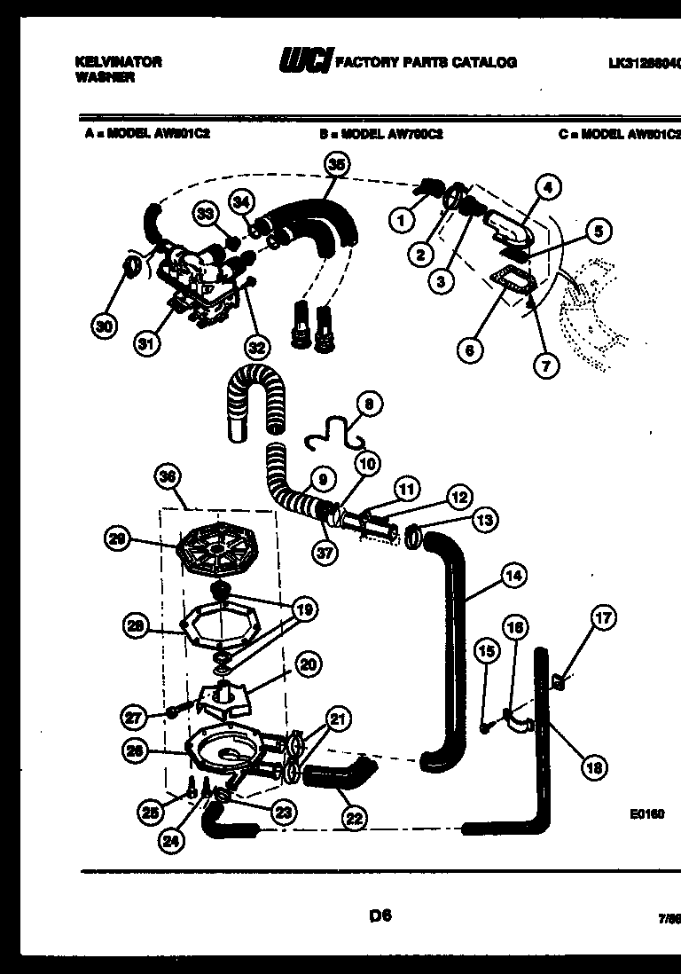 Kelvinator AW700C2D drain, recirculate parts diagram