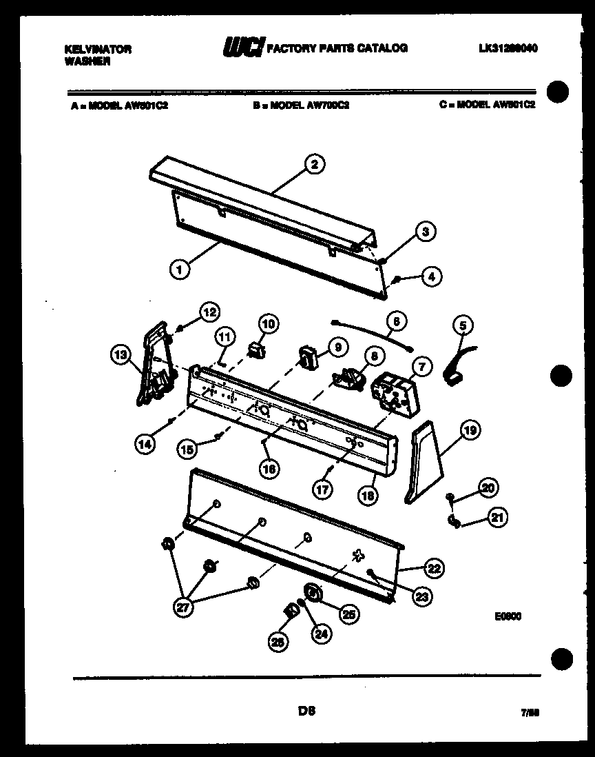Kelvinator AW700C2D console and control parts diagram