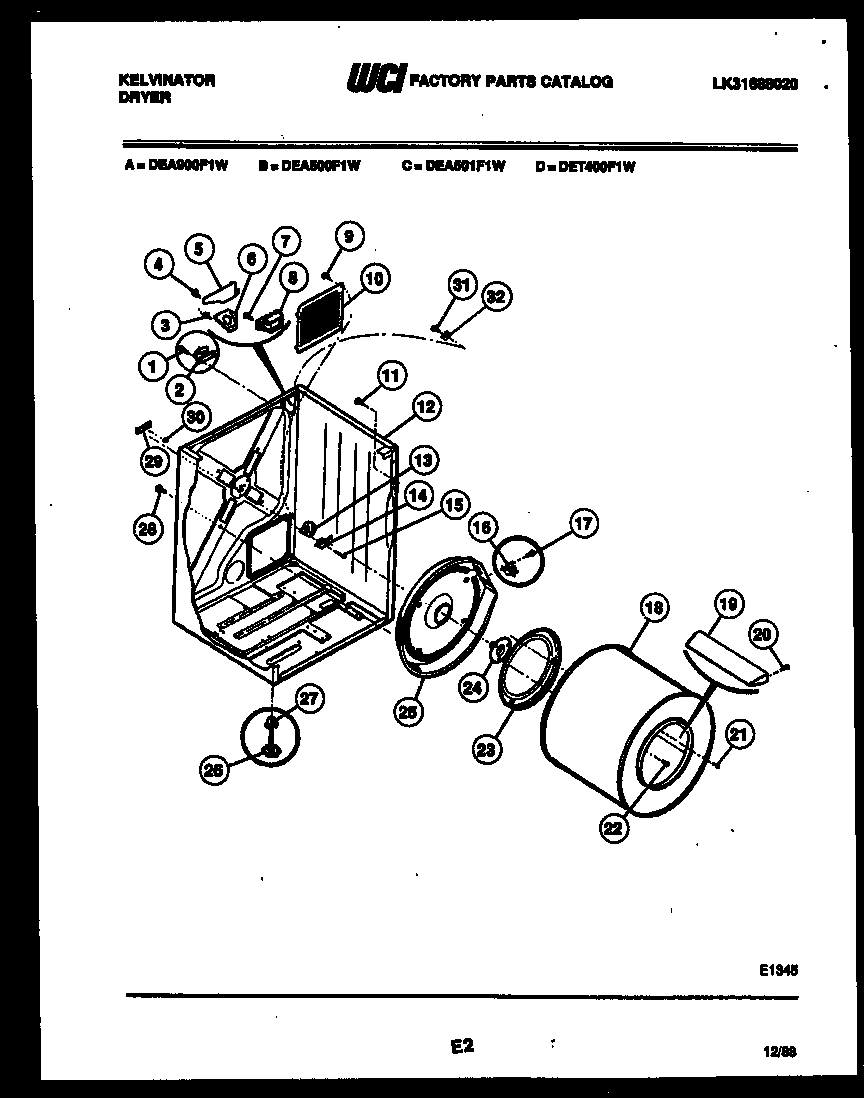Kelvinator DEA500F1T cabinet, drum and blower housing diagram