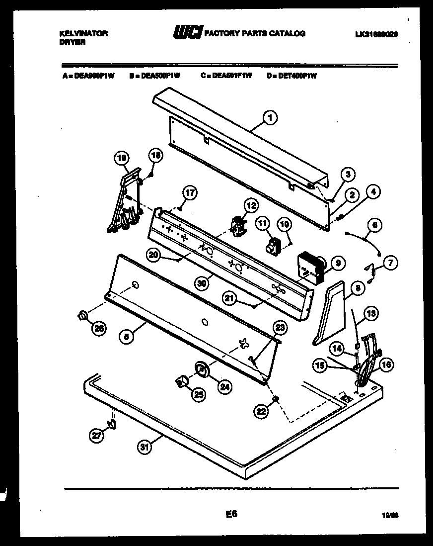 Kelvinator DEA500F1T console and control parts diagram