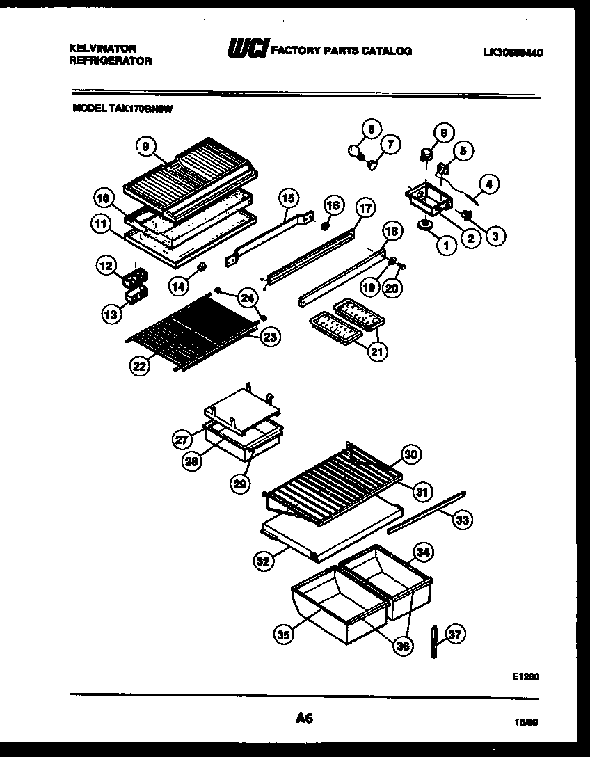 Kelvinator TAK170GN0W shelves and supports diagram