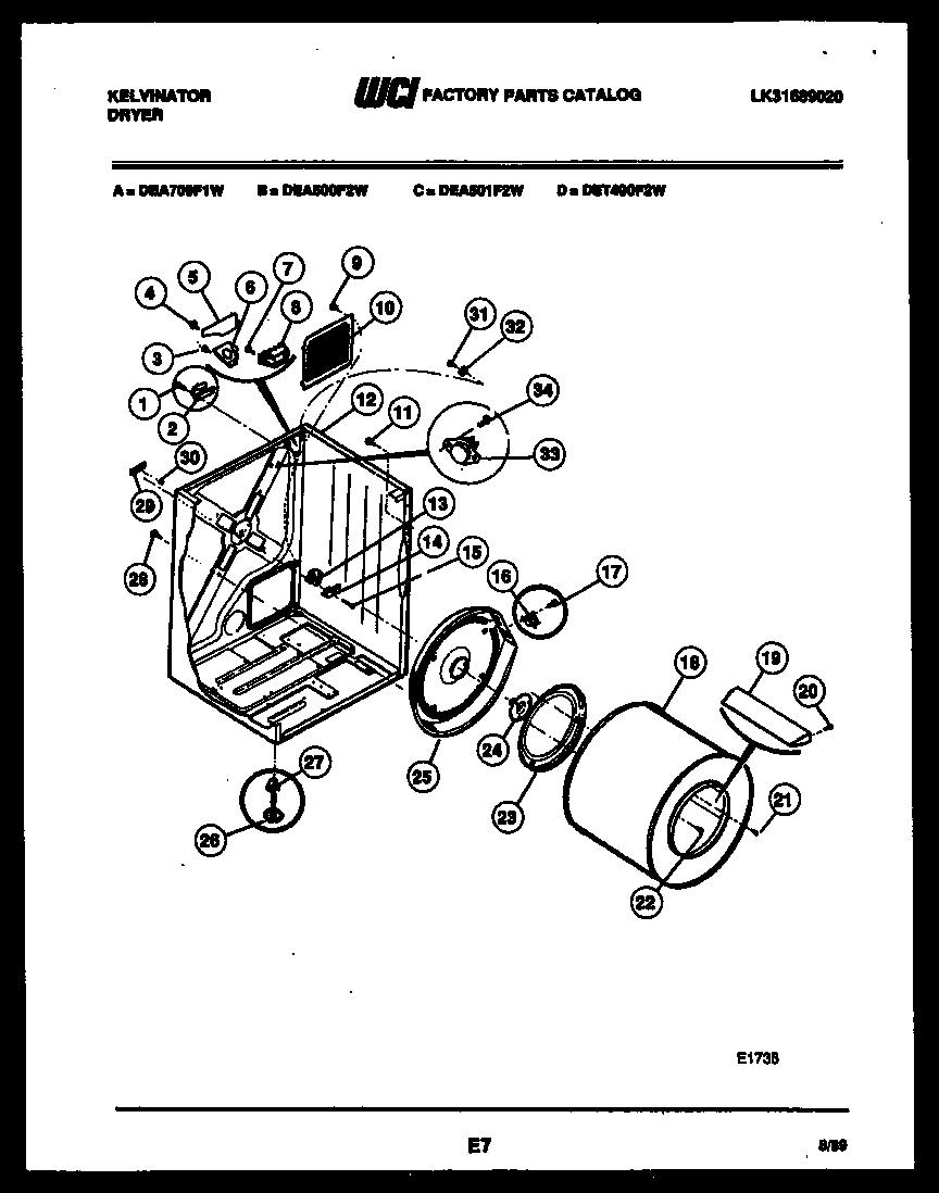 Kelvinator DEA501F2D cabinet and component parts diagram