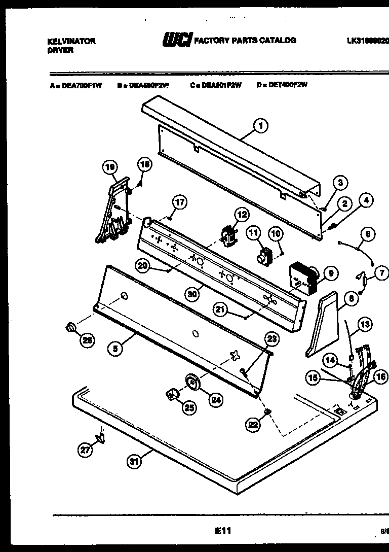 Kelvinator DEA501F2D console and control parts diagram