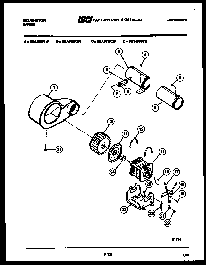 Kelvinator DEA501F2D blower and drive parts diagram