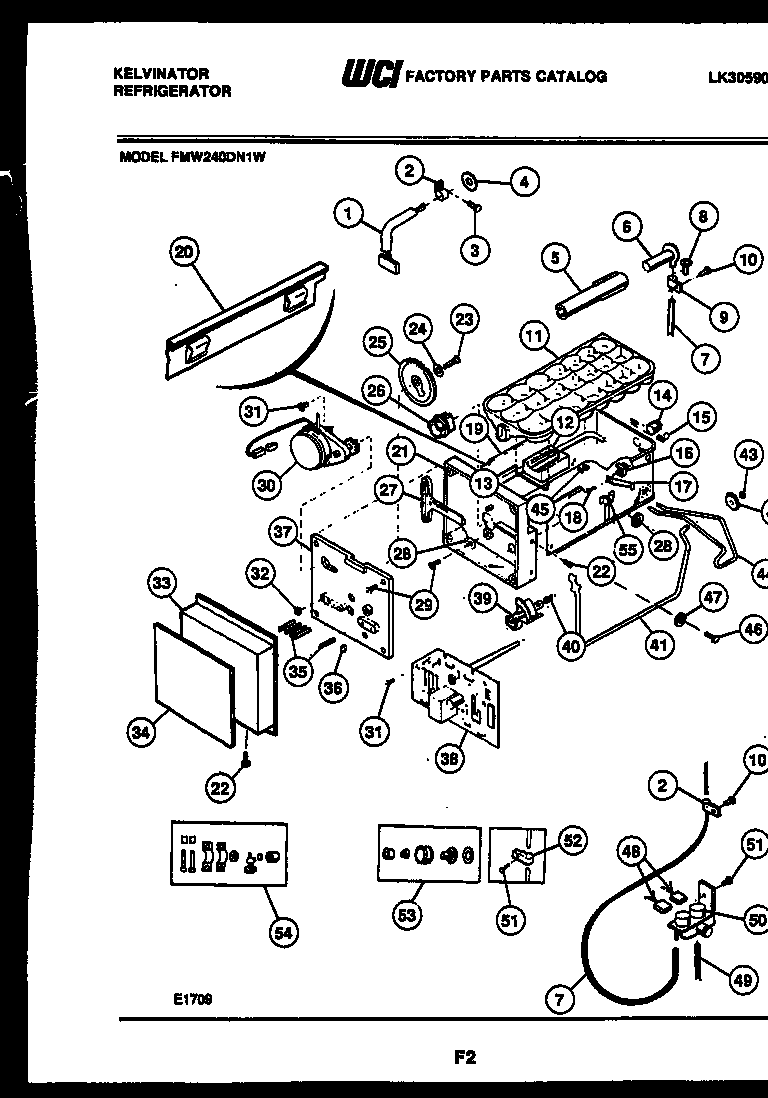 Kelvinator FMW240DN1W ice maker and ice maker installation parts diagram