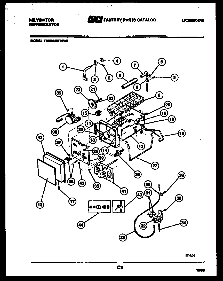 Kelvinator FMW240EN3W ice maker and ice maker installation parts diagram