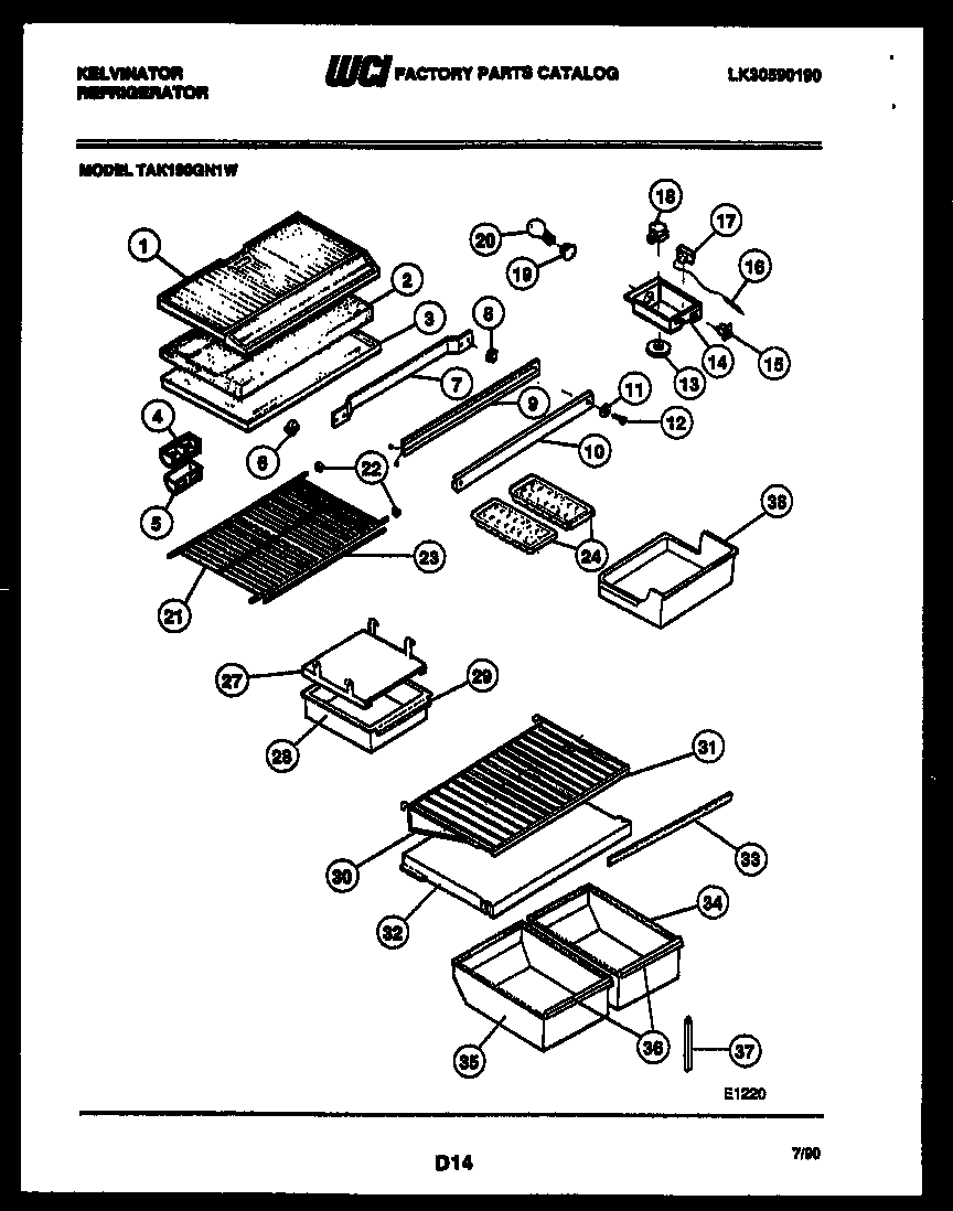 Kelvinator TAK190GN1W shelves and supports diagram