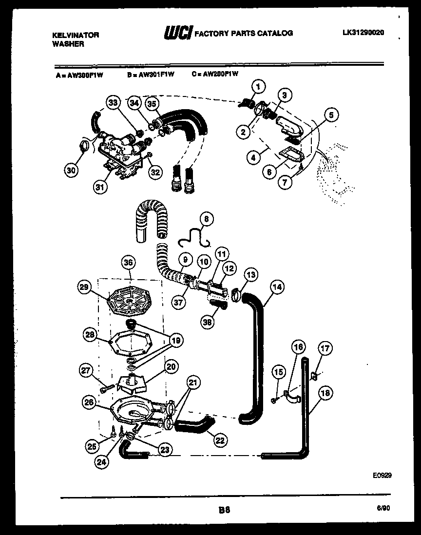 Kelvinator AW301F1T pump, water valve, water inlet diagram