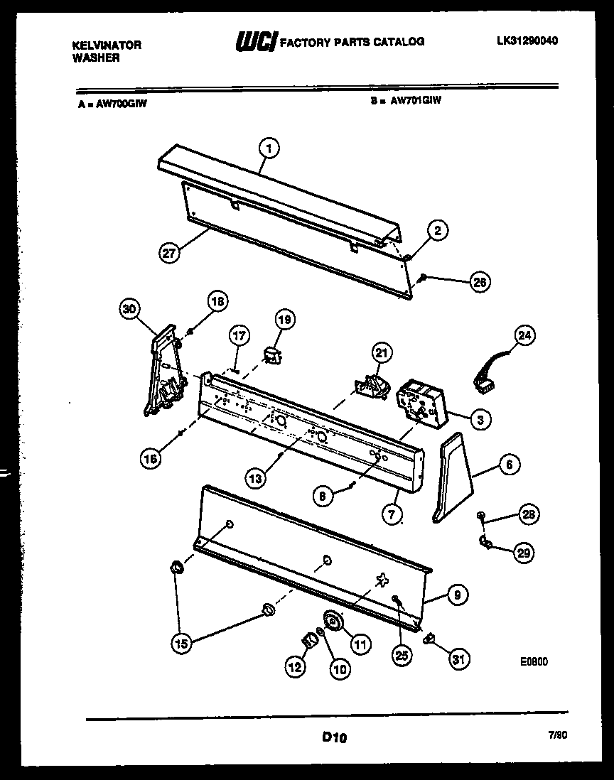 Kelvinator AW700G1W console and control parts diagram