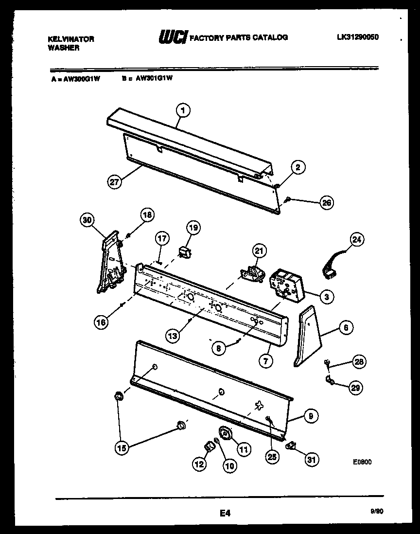 Kelvinator AW300G1T console and control parts diagram