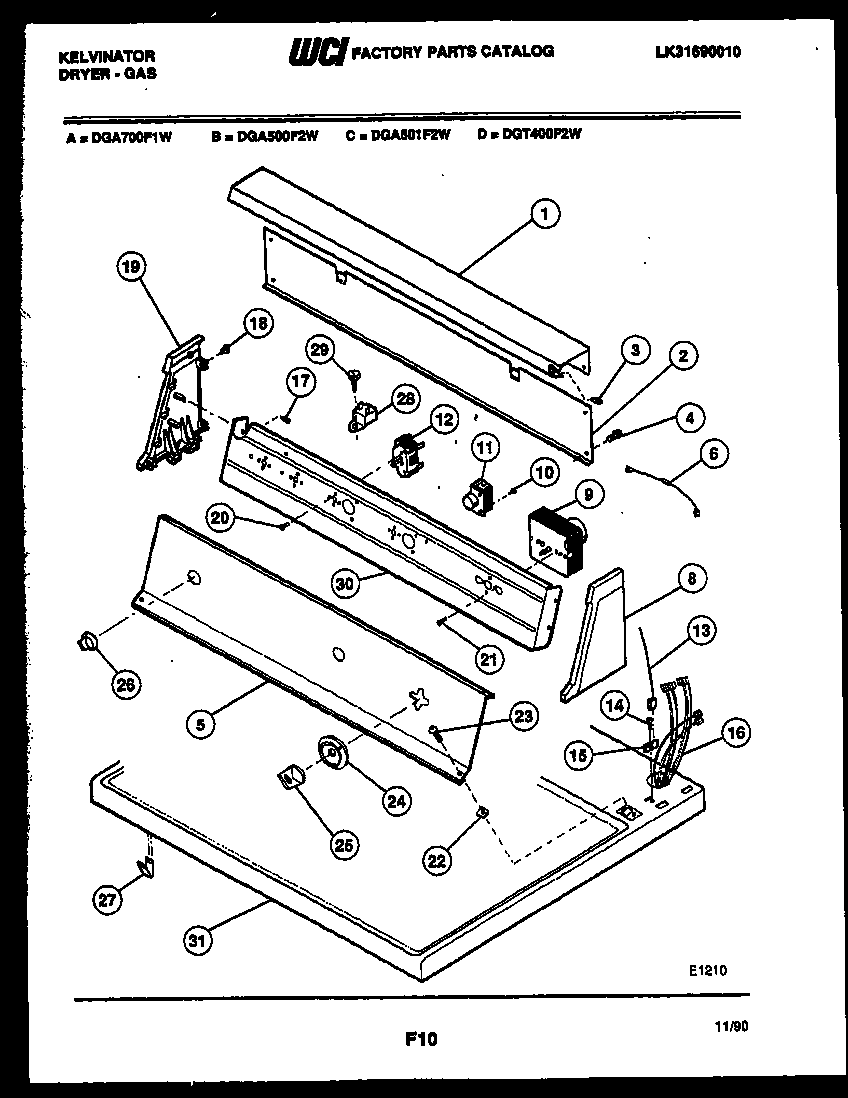 Kelvinator DGT400F2D console and control parts diagram
