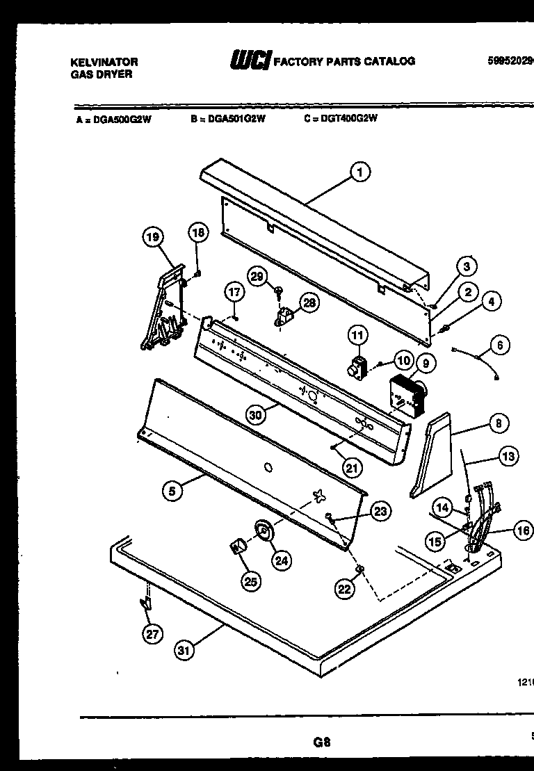 Kelvinator DGT400G2D console and control parts diagram