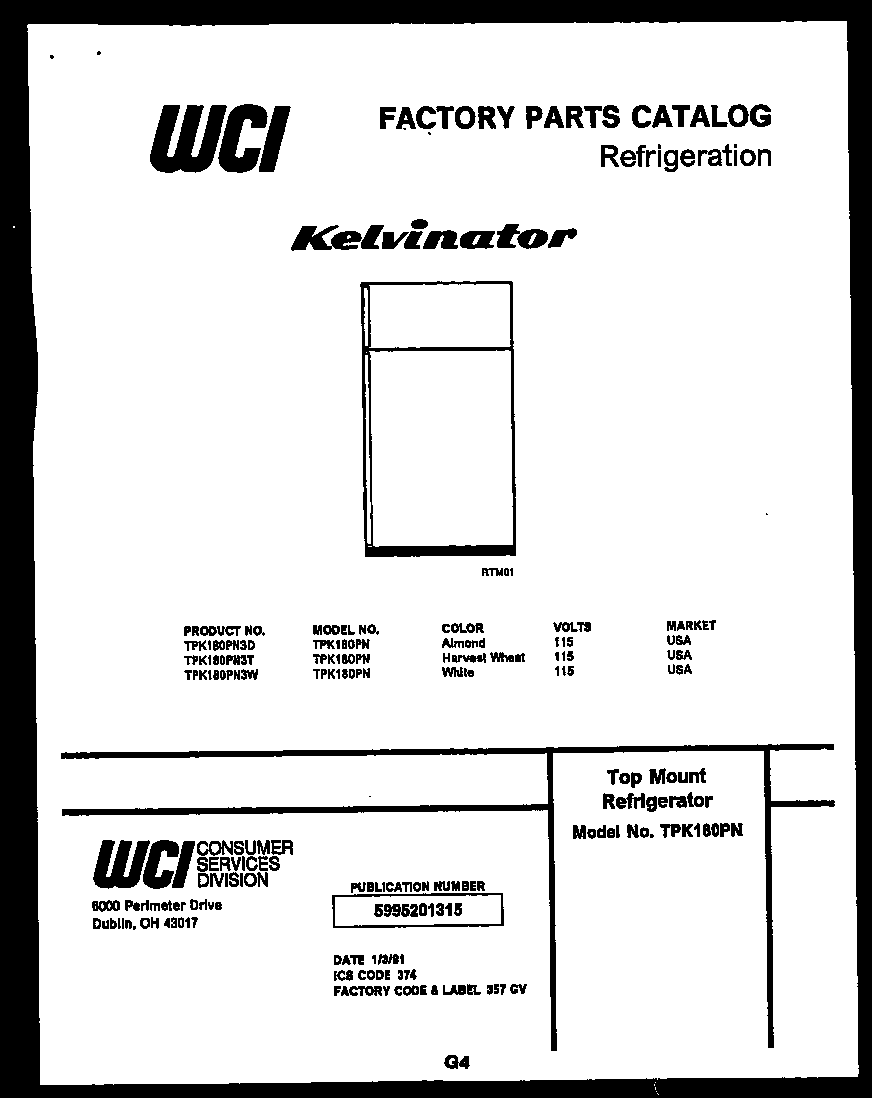 Kelvinator TPK180PN3T cover page diagram