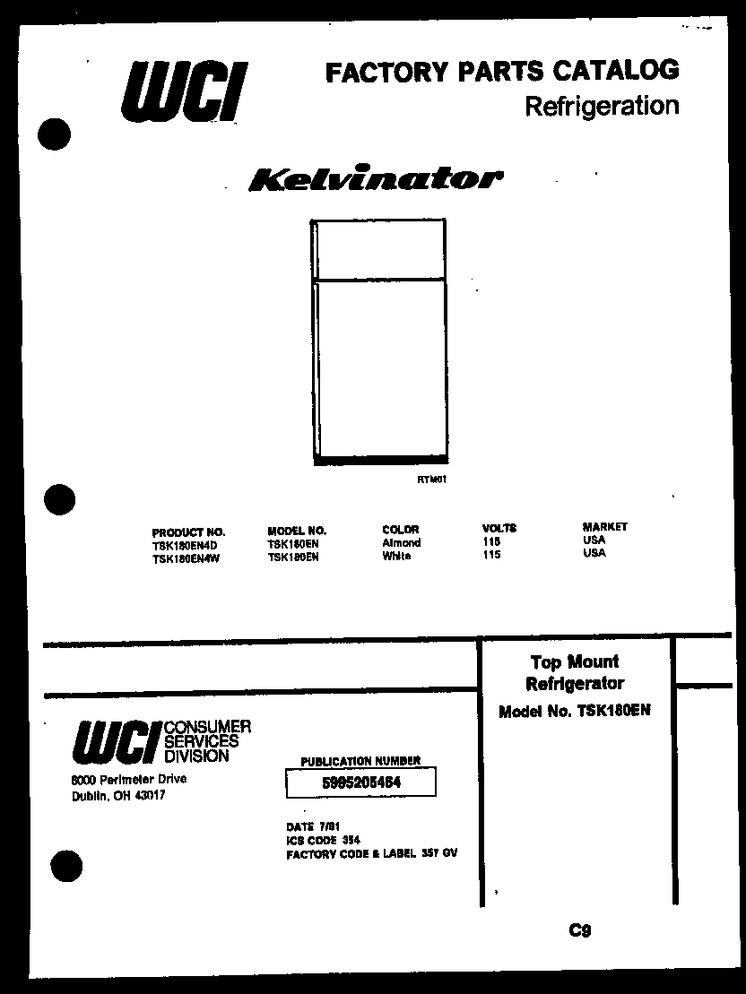 Kelvinator TSK180EN4W cover page diagram