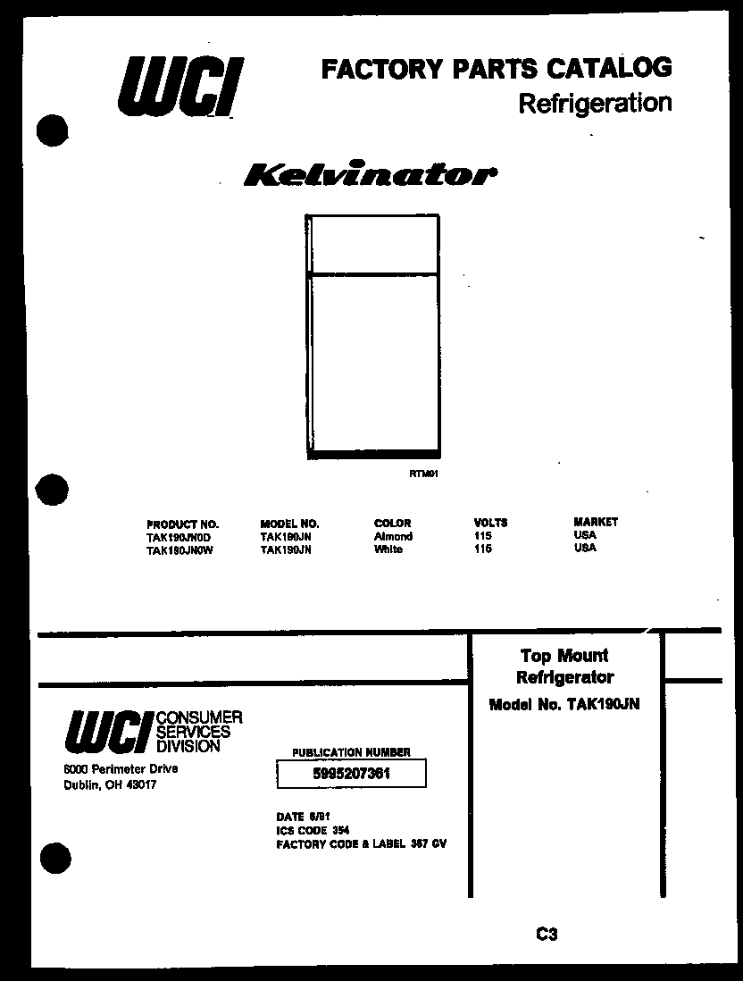 Kelvinator TAK190JN0W cover page diagram