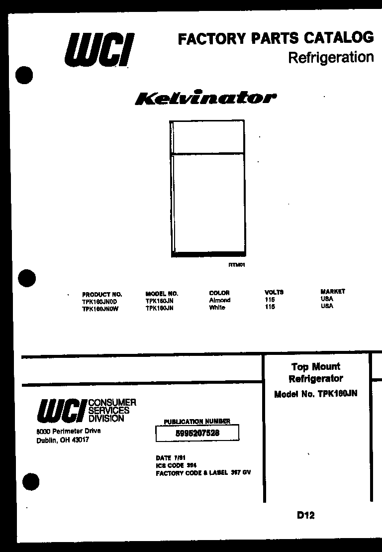 Kelvinator TPK160JN0W cover page diagram