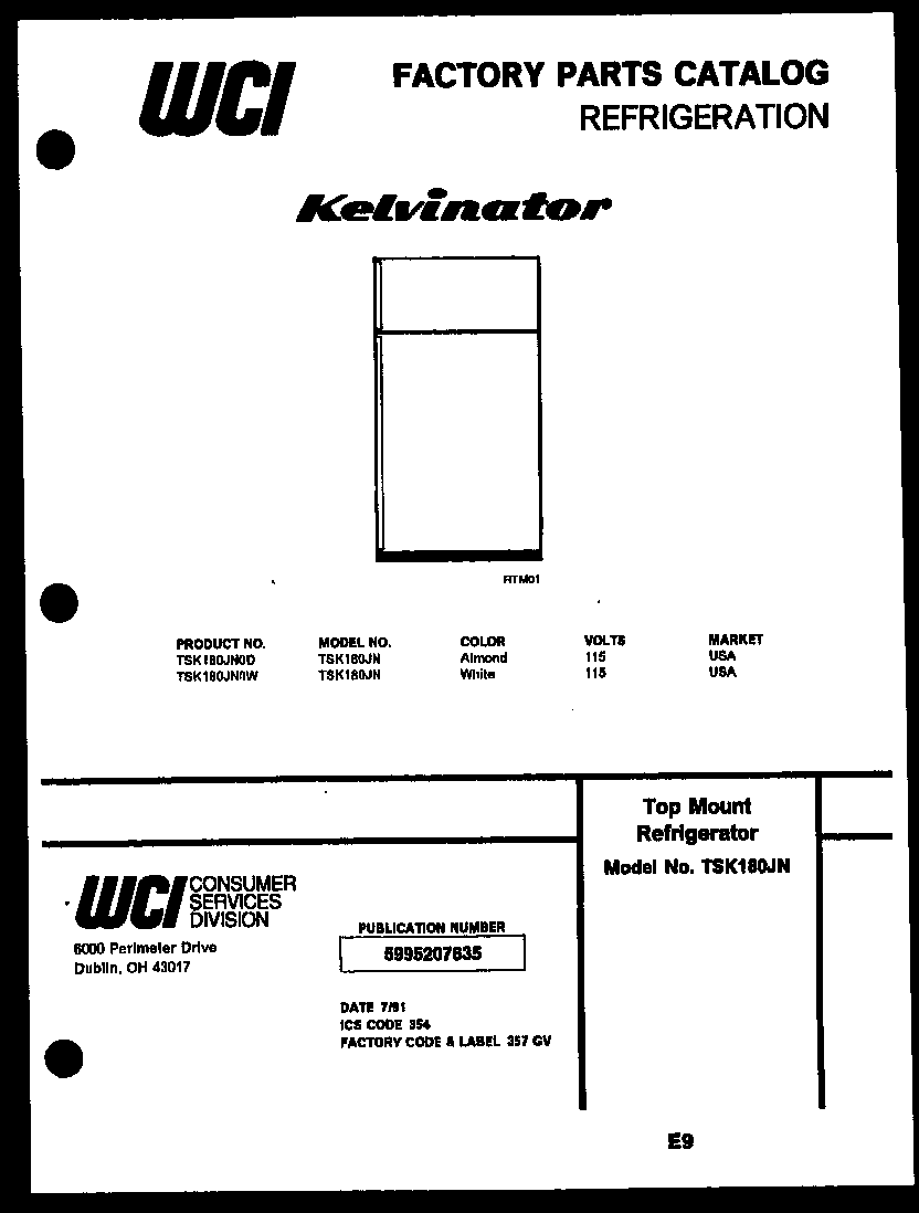 Kelvinator TSK180JN0D cover page diagram
