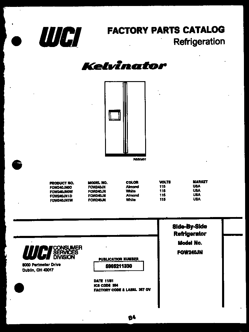 Kelvinator FGW240JN1D cover page diagram