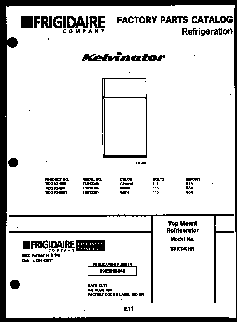 Kelvinator TSX130HN0W cover page diagram
