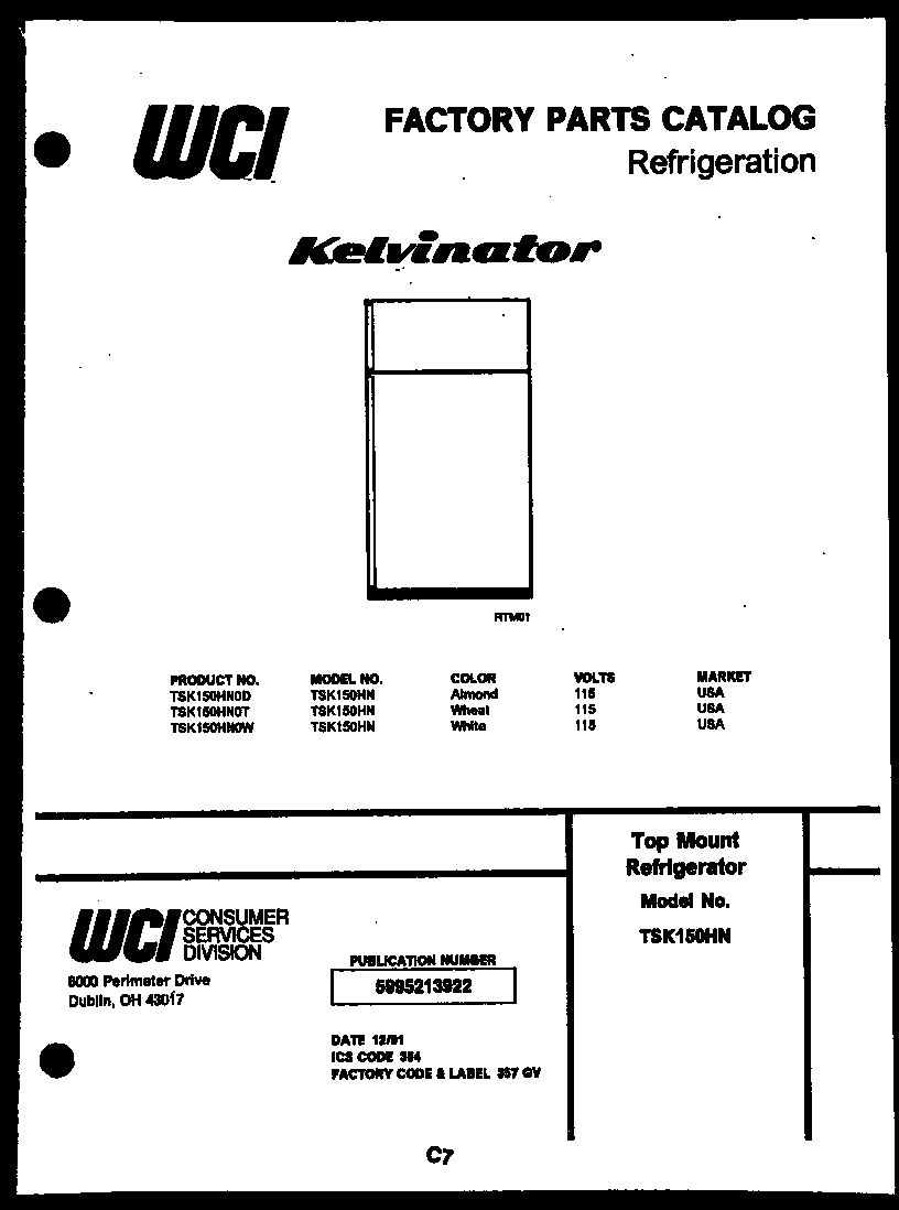 Kelvinator TSK150HN0T cover page diagram