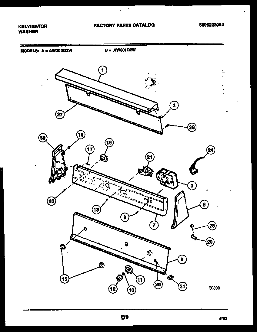 Kelvinator AW300G2T console and control parts diagram