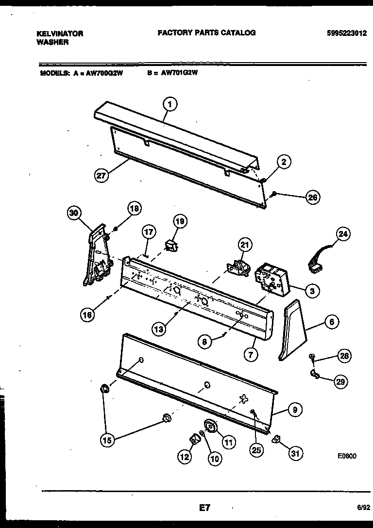 Kelvinator AW700G2W console and control parts diagram