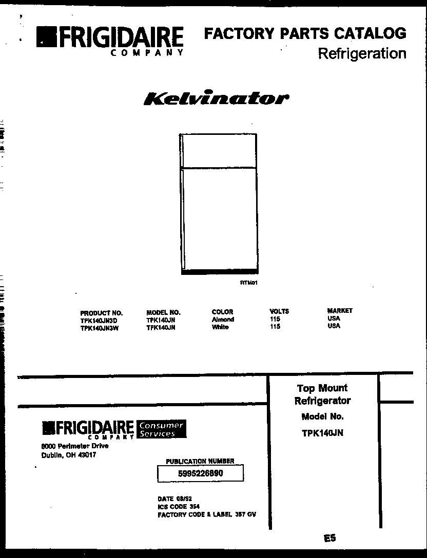 Kelvinator TPK140JN3D cover page diagram
