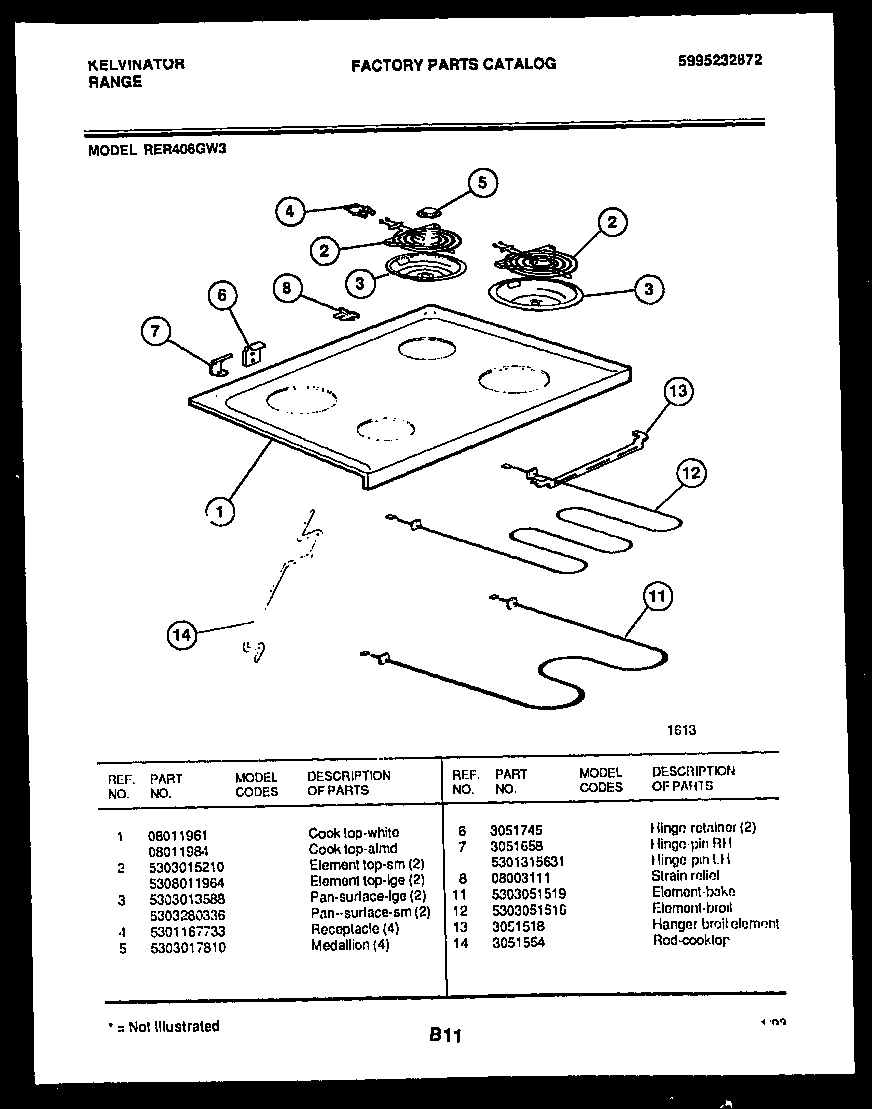 Kelvinator RER406GW3 cooktop and broiler parts diagram
