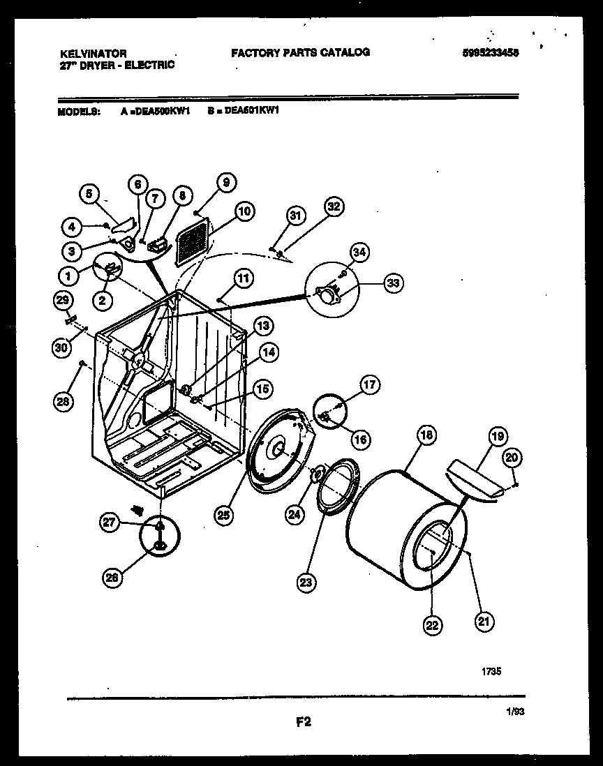 Kelvinator DEA500KW1 cabinet and component parts diagram