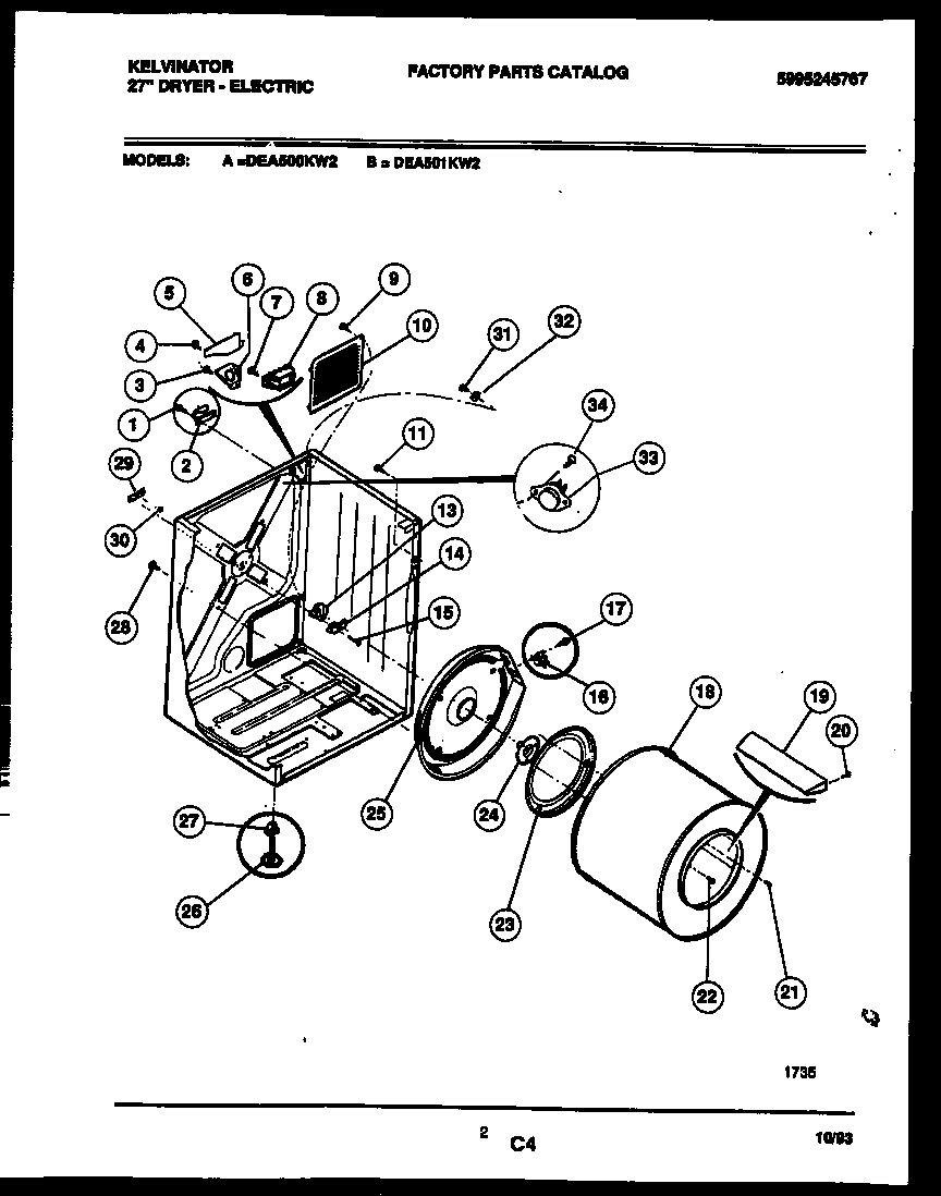 Kelvinator DEA500KW2 cabinet and component parts diagram
