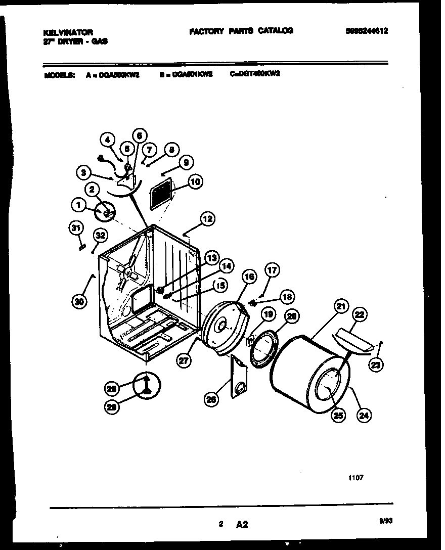Kelvinator DGT400KW2 cabinet and component parts diagram