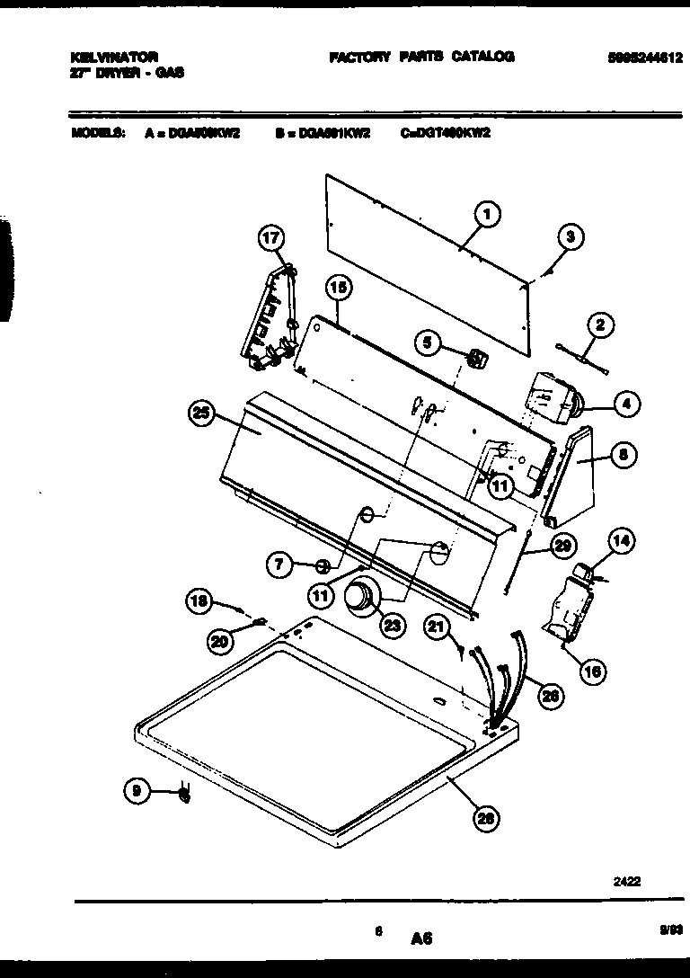 Kelvinator DGT400KW2 console and control parts diagram