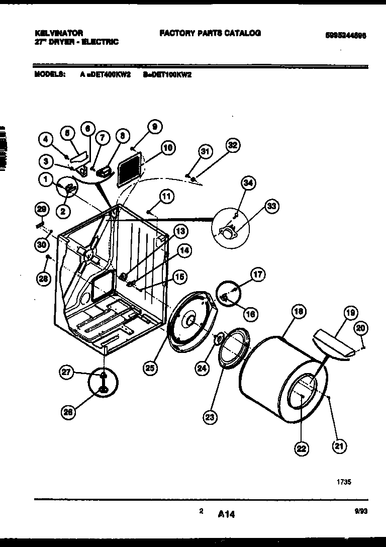 Kelvinator DET100KW2 cabinet and component parts diagram