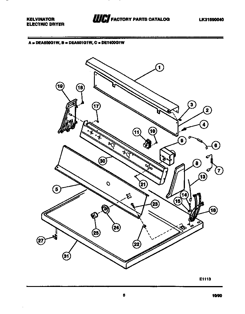 Kelvinator DET400G1D console and control parts diagram