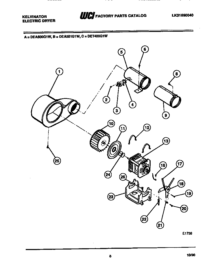 Kelvinator DET400G1D blower and drive parts diagram