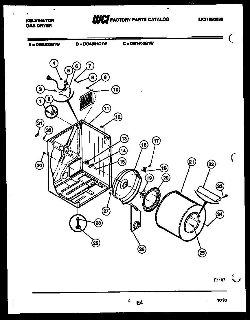 Kelvinator DGA500G1J cabinet and component parts diagram