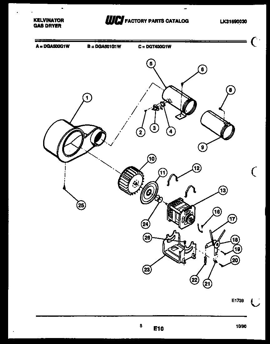 Kelvinator DGA500G1J blower and drive parts diagram