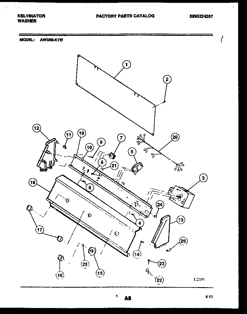 Kelvinator AW350-K1D console and control parts diagram