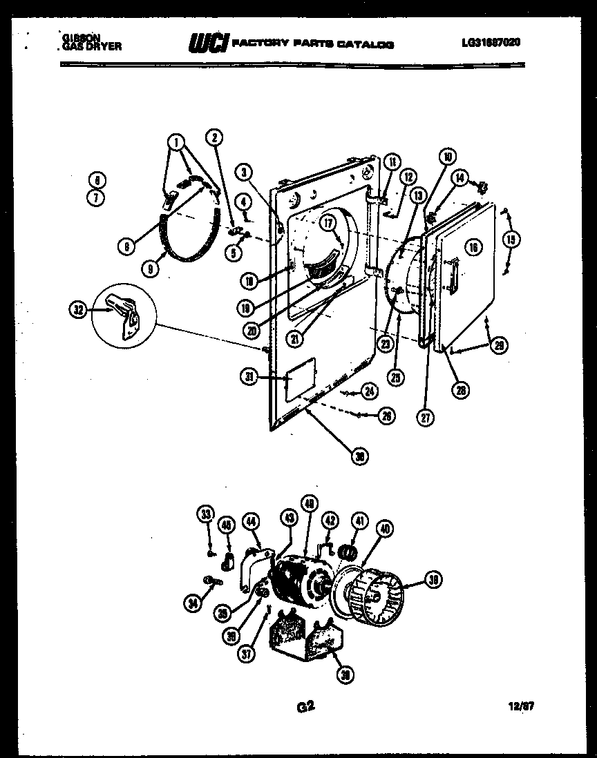 Gibson DG27S6WTMA cabinet front, motor and blower diagram