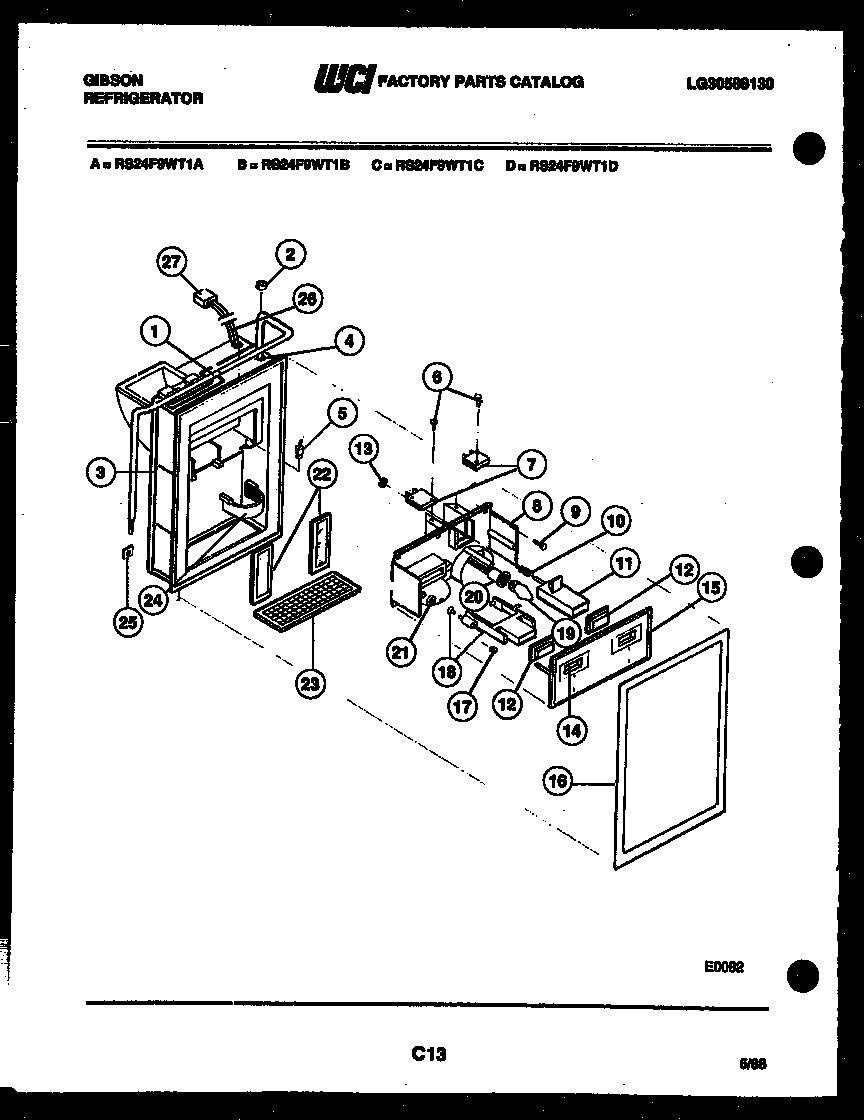 Gibson RS24F9WT1D ice door, dispenser and water tank diagram